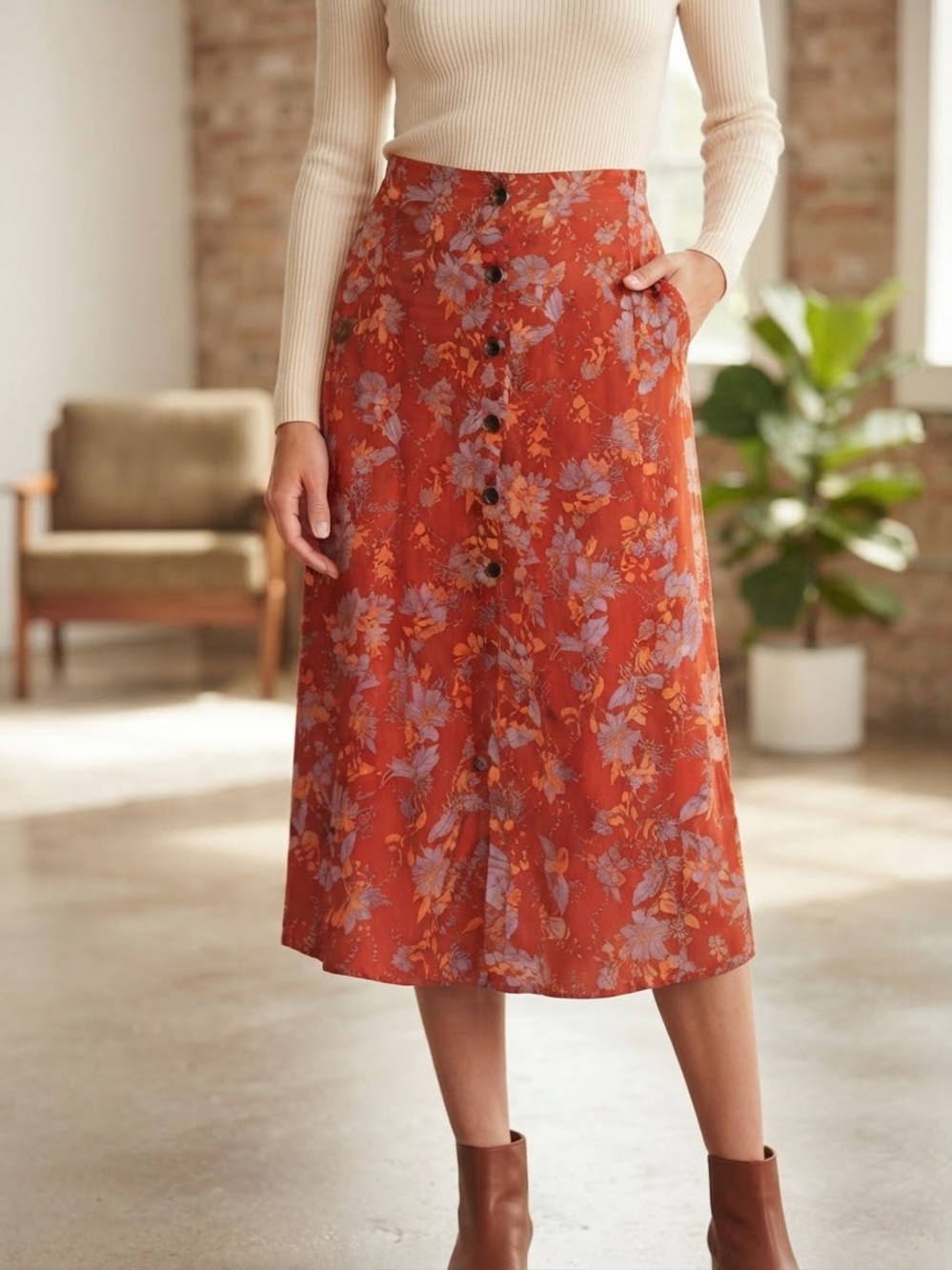 Free People Rust Floral Button-Front Midi Skirt